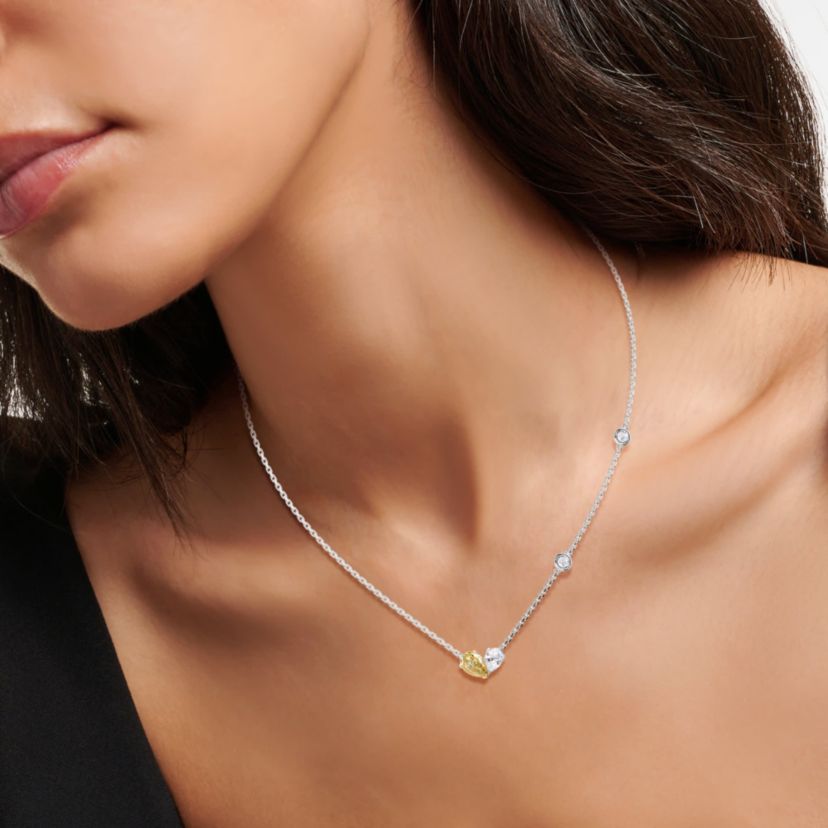 Lab Created Sterling Silver 1.70 Ct Pear Cut White & Yellow Lab Grown Diamond Pendant Necklace 18"