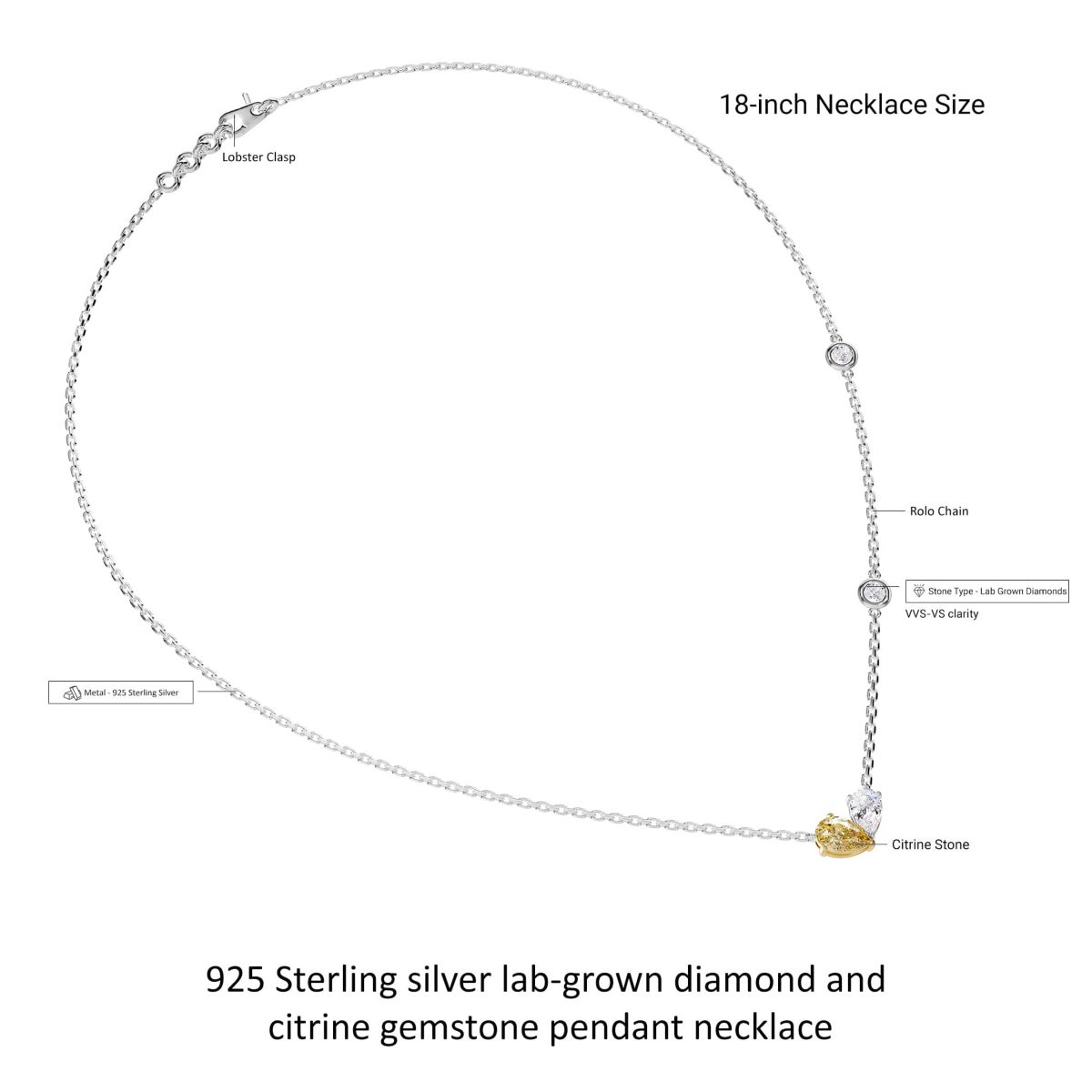 Lab Created Sterling Silver 1.70 Ct Pear Cut White & Yellow Lab Grown Diamond Pendant Necklace 18"
