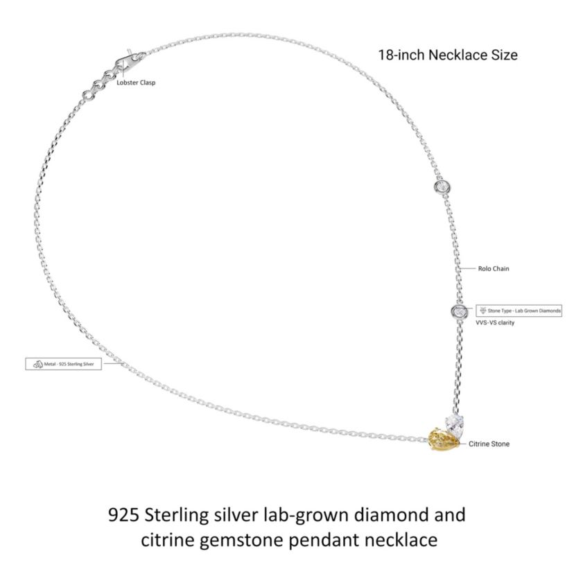 Lab Created Sterling Silver 1.70 Ct Pear Cut White & Yellow Lab Grown Diamond Pendant Necklace 18"
