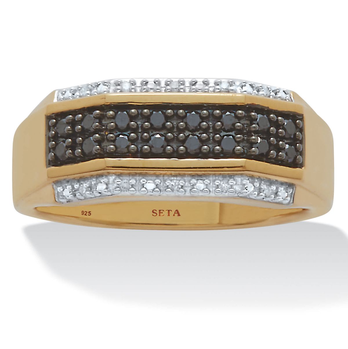 Mens .27 TCW Black and White Diamond 18K Gold-Plated Sterling Silver Ring