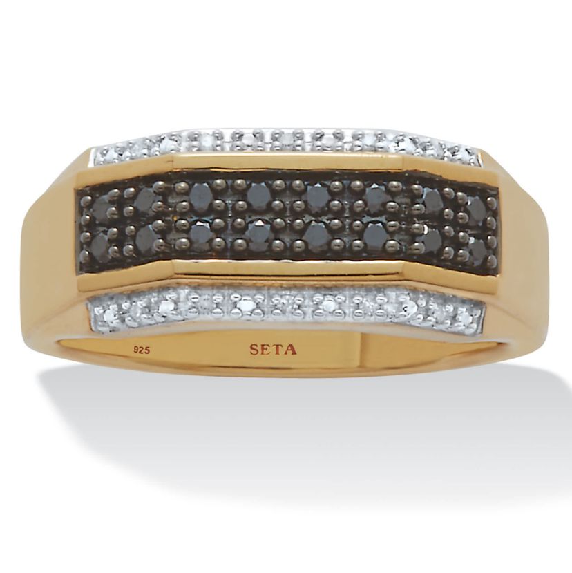 Mens .27 TCW Black and White Diamond 18K Gold-Plated Sterling Silver Ring