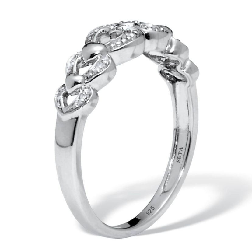.039 TCW Diamond Heart Link Platinum Over Sterling Silver Ring