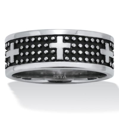 Seta Jewelry Men's Antiqued Stainless Steel Cross Ring, White, 14