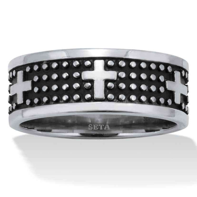 Mens Antiqued Stainless Steel Cross Ring