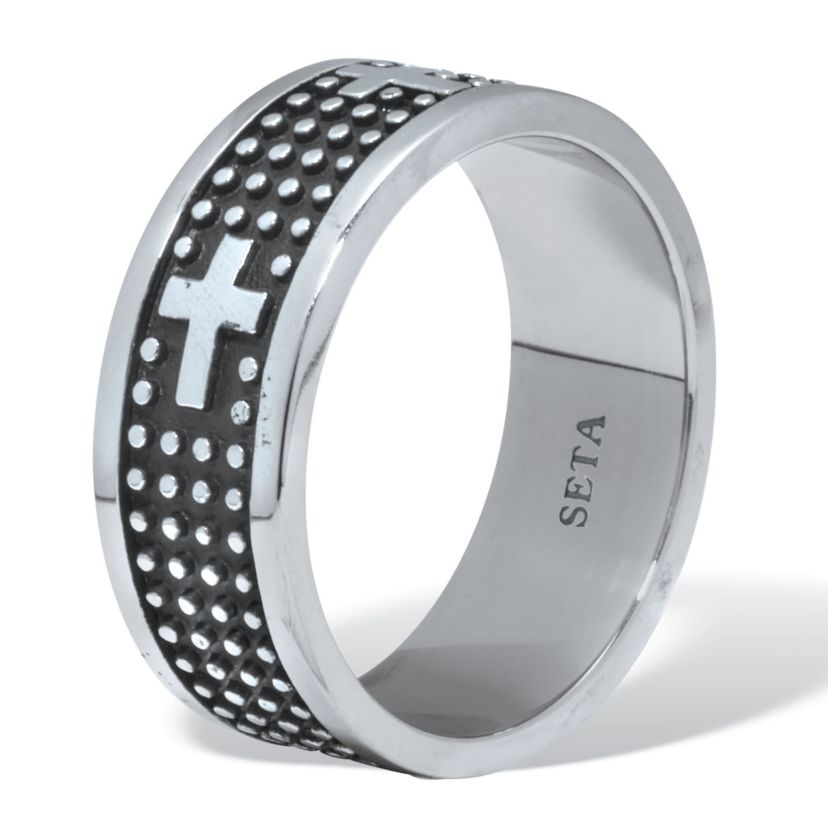 Mens Antiqued Stainless Steel Cross Ring