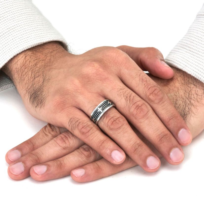 Mens Antiqued Stainless Steel Cross Ring