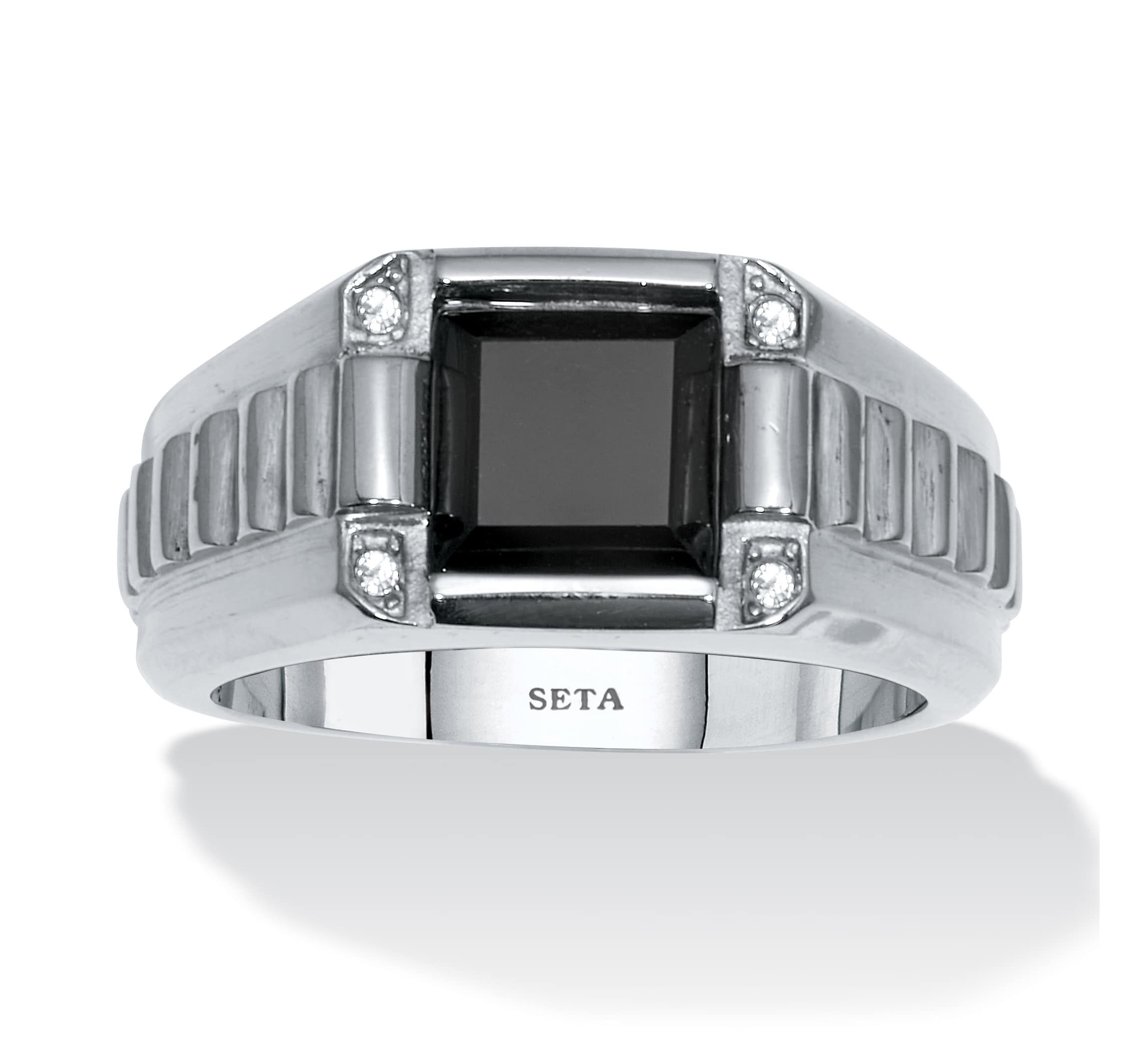 Mens Square Cut Simulated Black Agate and Crystal Stainless Steel Ring