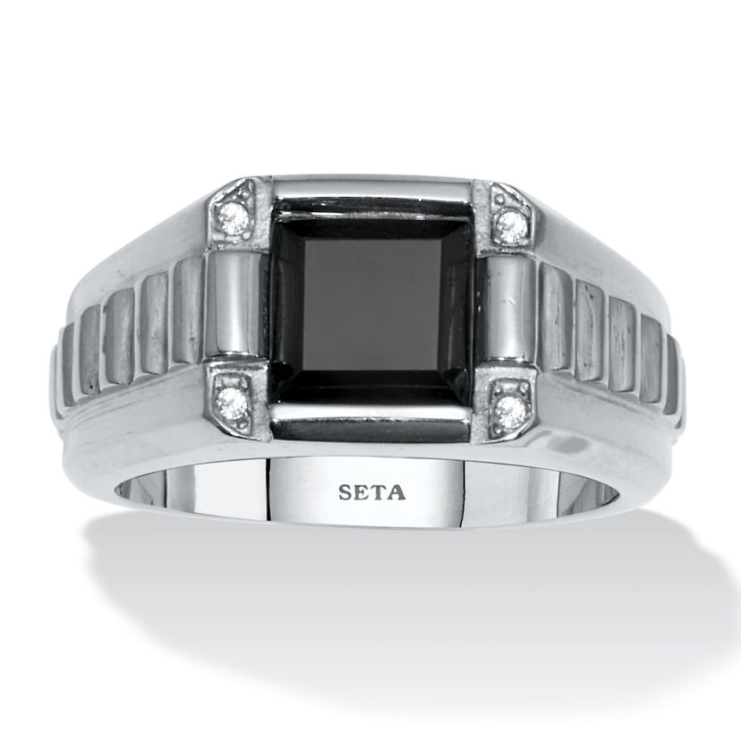 Mens Square Cut Simulated Black Agate and Crystal Stainless Steel Ring