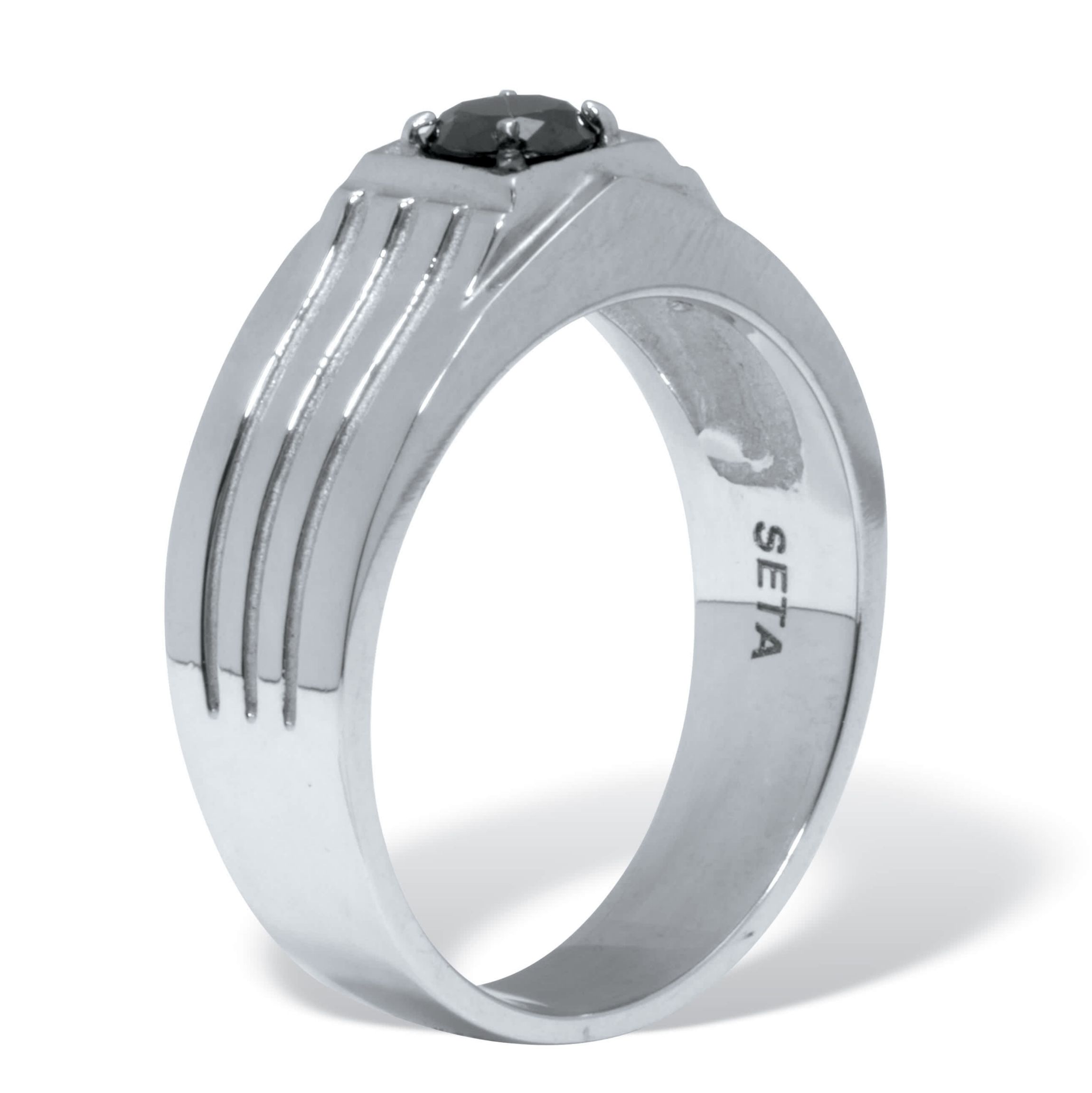 Mens Square Cut Simulated Black Agate and Crystal Stainless Steel Ring