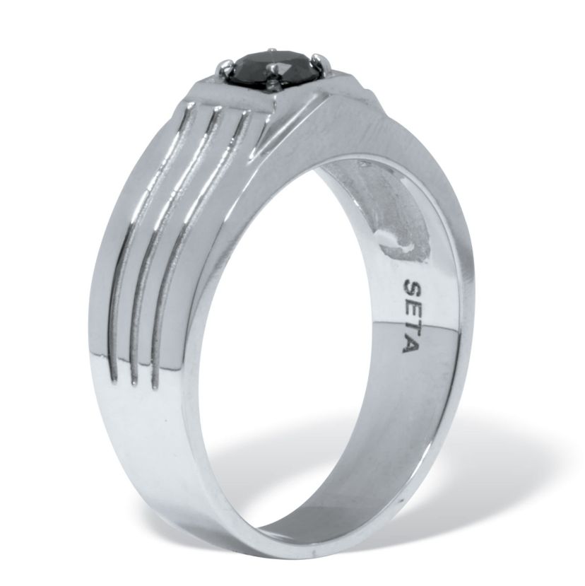 Mens Square Cut Simulated Black Agate and Crystal Stainless Steel Ring