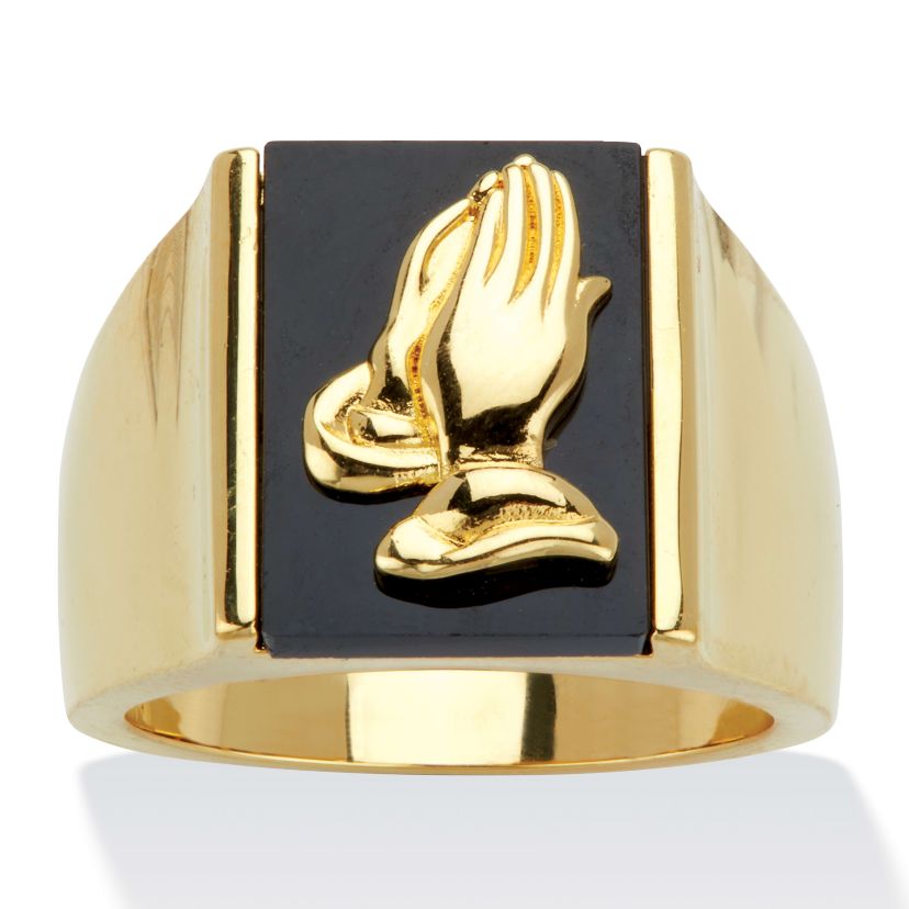 Mens 14k Gold-Plated Black Onyx Praying Hands Ring