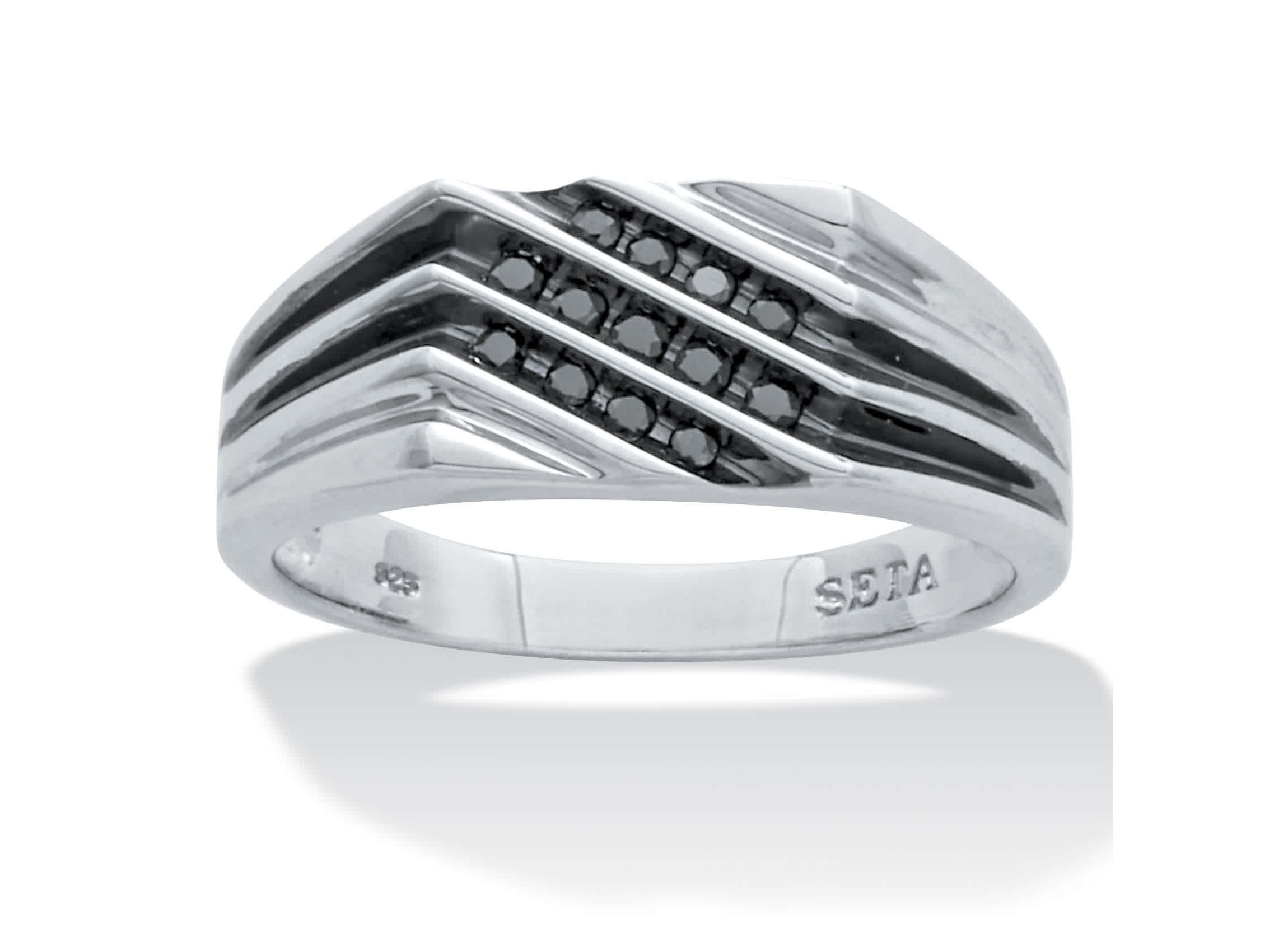 Mens .20 TCW Black Diamond Platinum Over Silver 3-Row Ring