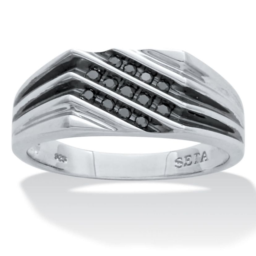 Mens .20 TCW Black Diamond Platinum Over Silver 3-Row Ring