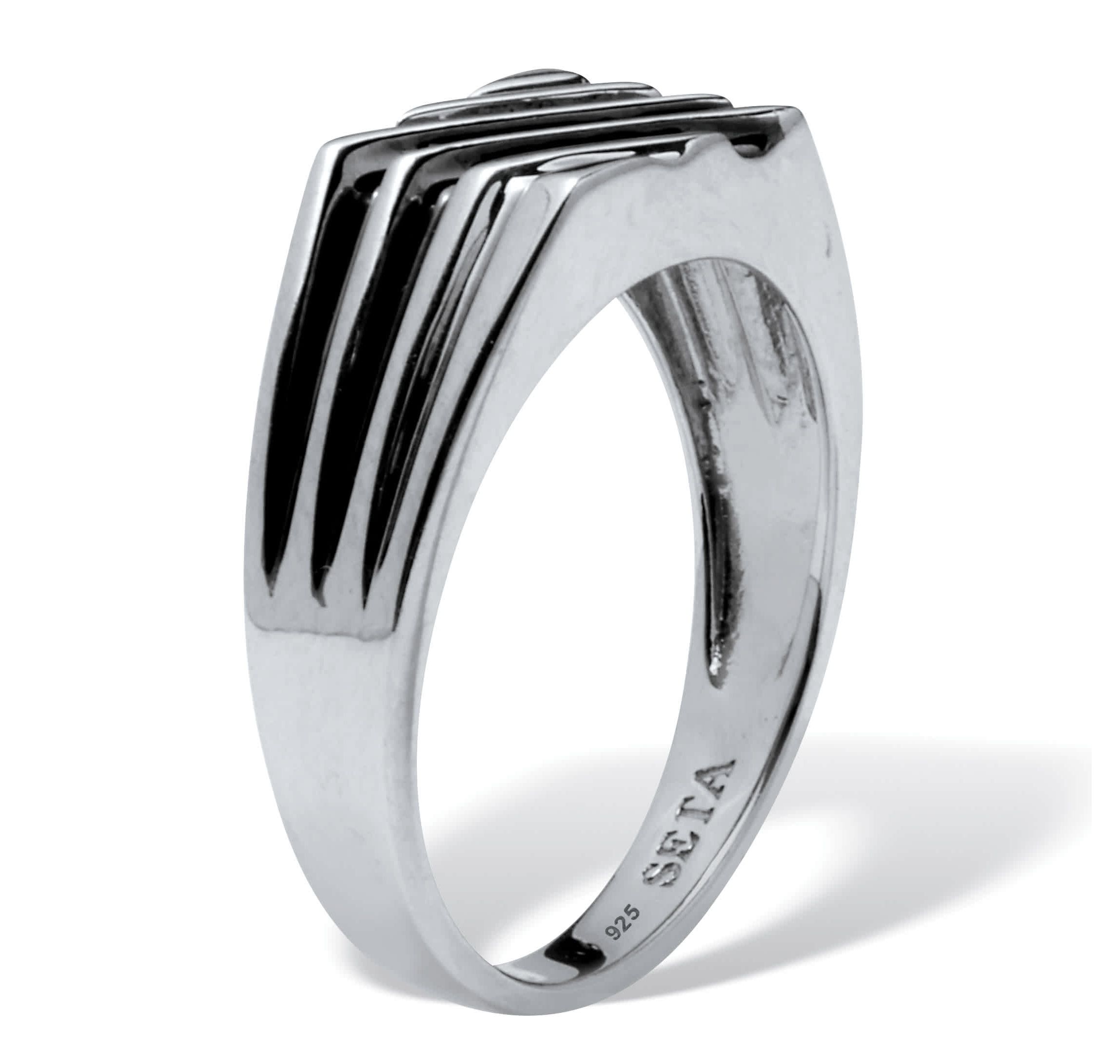 Mens .20 TCW Black Diamond Platinum Over Silver 3-Row Ring