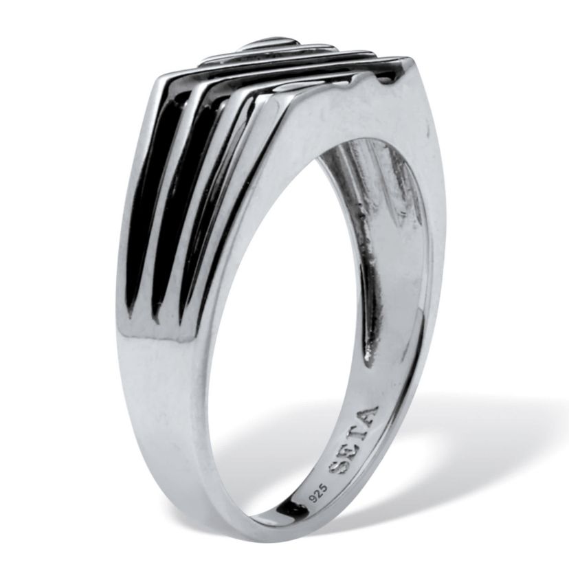 Mens .20 TCW Black Diamond Platinum Over Silver 3-Row Ring