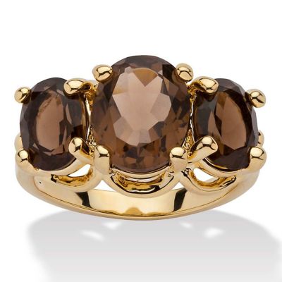 Seta Jewelry 4.90 TCW Oval Cut Genuine Smoky Quartz Yellow Gold-Plated 3-Stone Ring, Brown