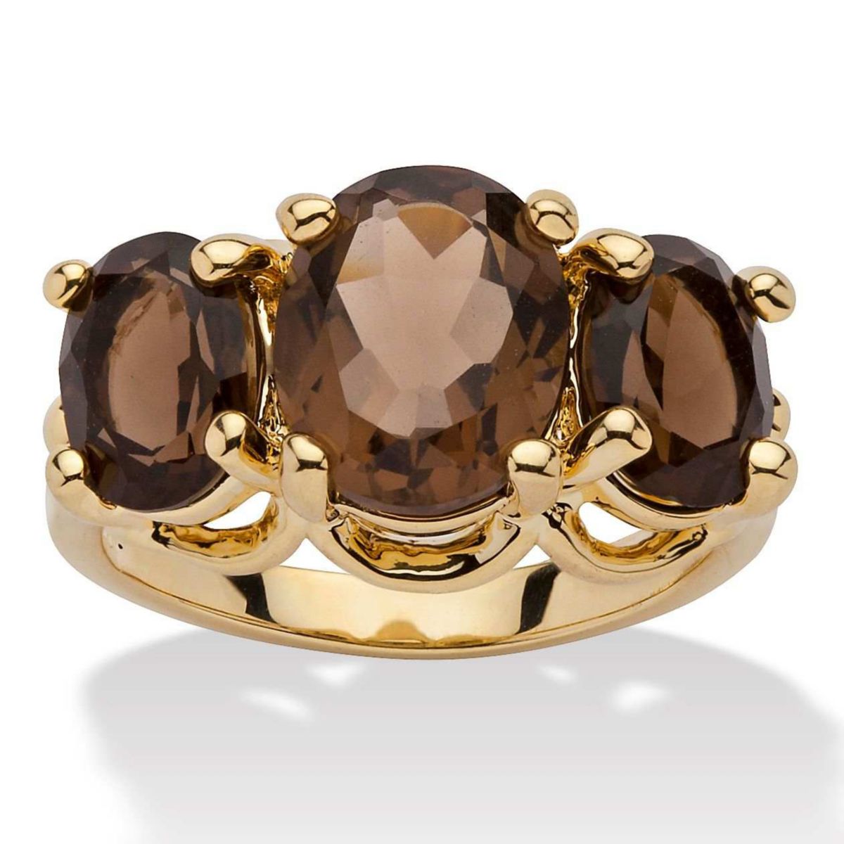 4.90 TCW Oval-Cut Genuine Smoky Quartz Yellow Gold-Plated 3-Stone Ring