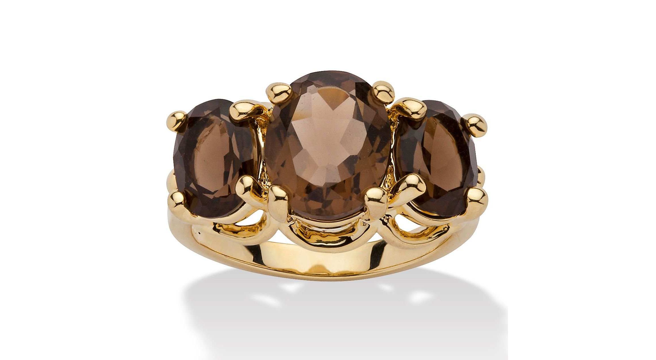 4.90 TCW Oval-Cut Genuine Smoky Quartz Yellow Gold-Plated 3-Stone Ring