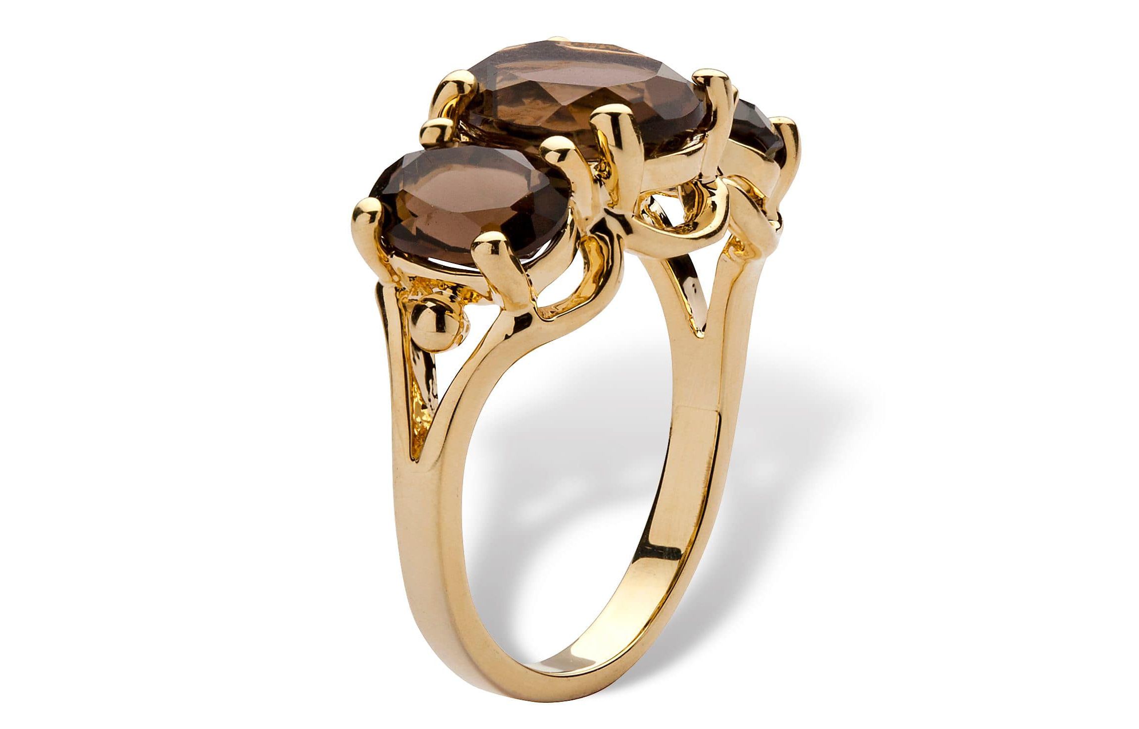 4.90 TCW Oval-Cut Genuine Smoky Quartz Yellow Gold-Plated 3-Stone Ring