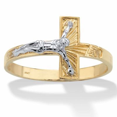 Seta Jewelry Two-Tone Textured Solid 10k White and Yellow Gold Horizontal Crucifix Ring, 9