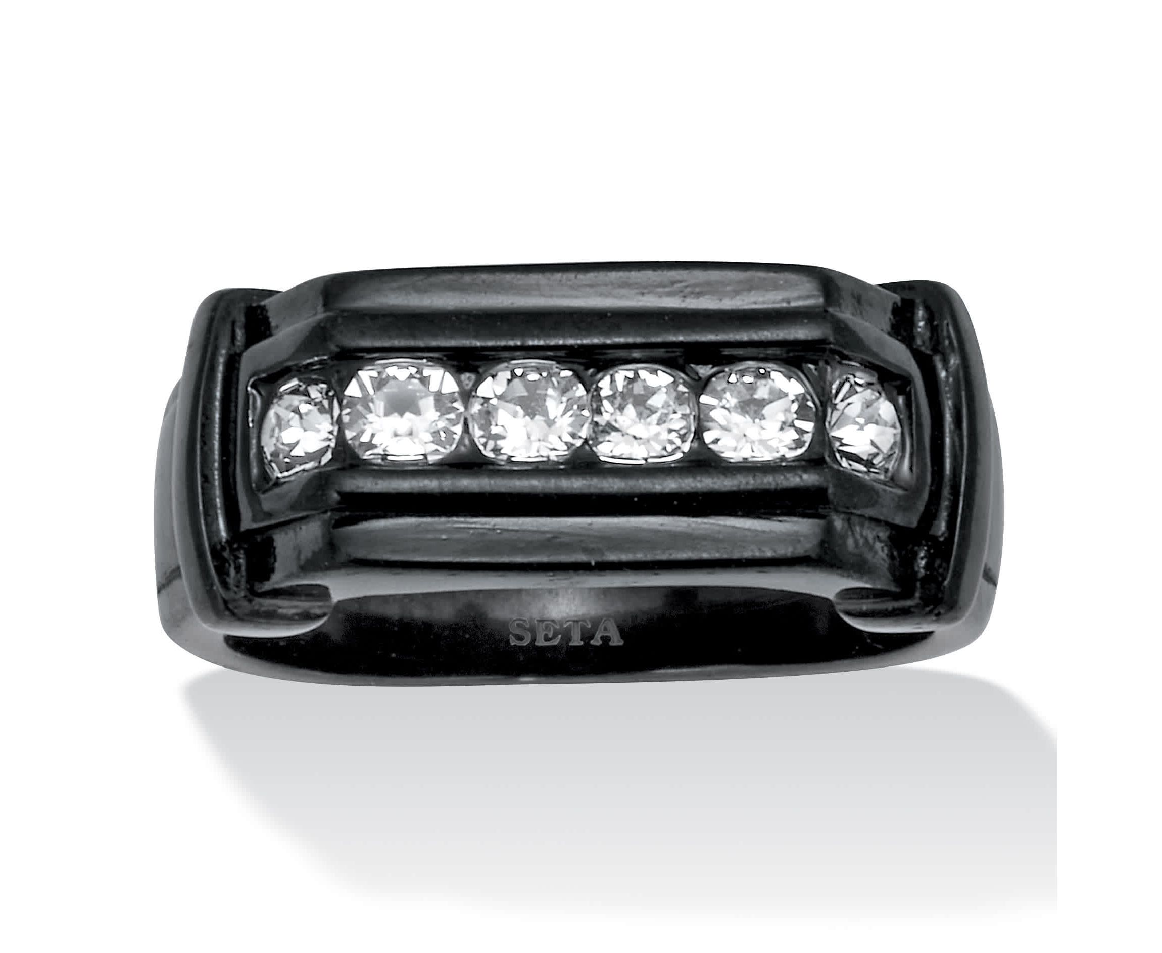 Mens Round Crystal Black Ion-Plated Stainless Steel Ring