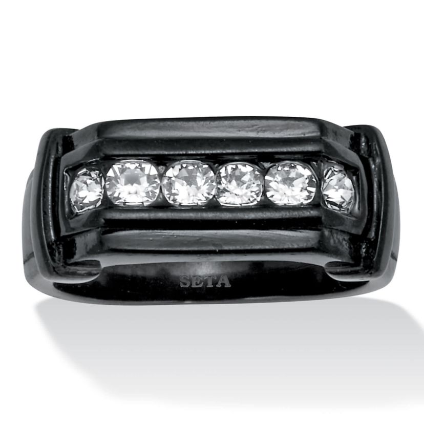 Mens Round Crystal Black Ion-Plated Stainless Steel Ring