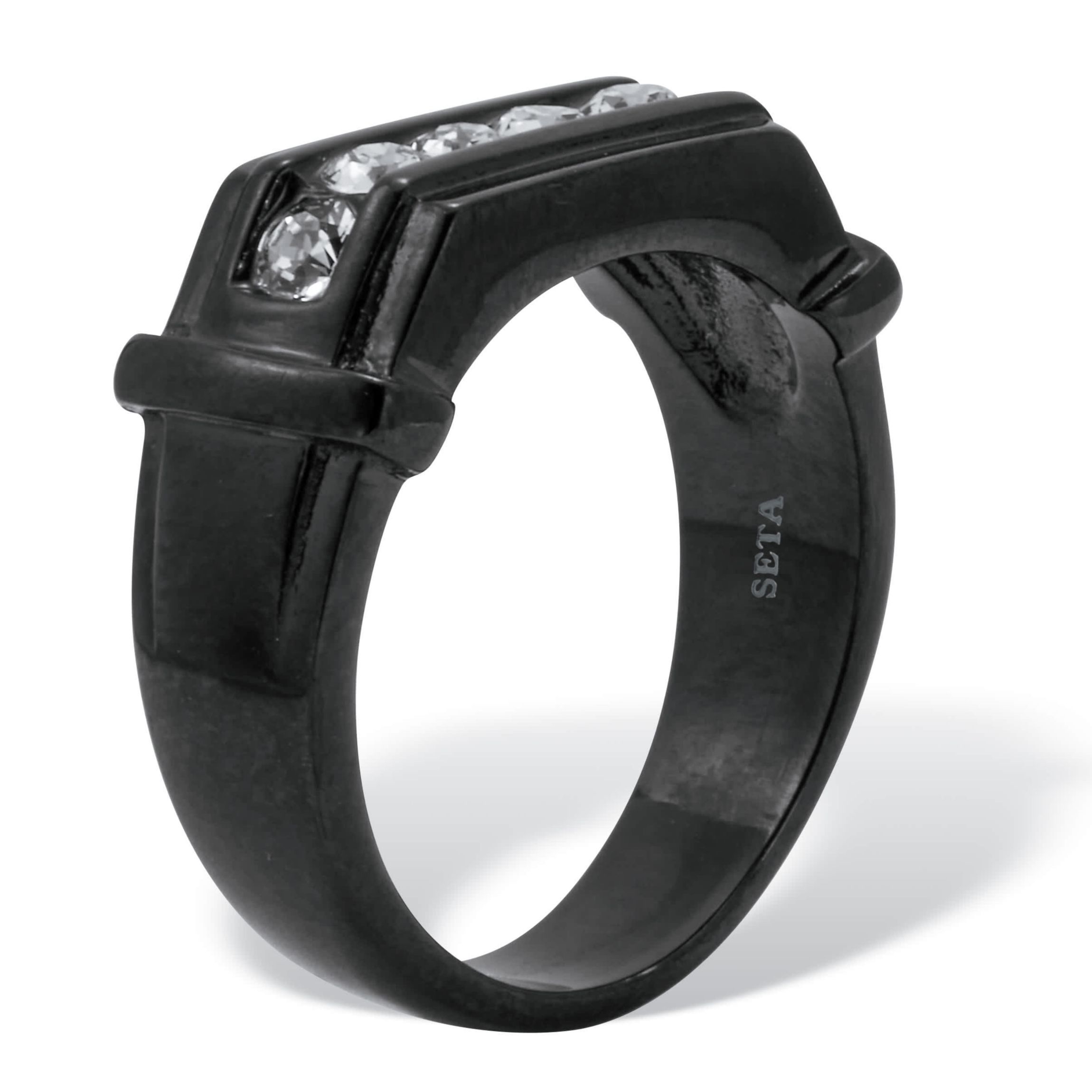 Mens Round Crystal Black Ion-Plated Stainless Steel Ring
