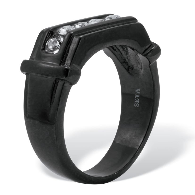 Mens Round Crystal Black Ion-Plated Stainless Steel Ring