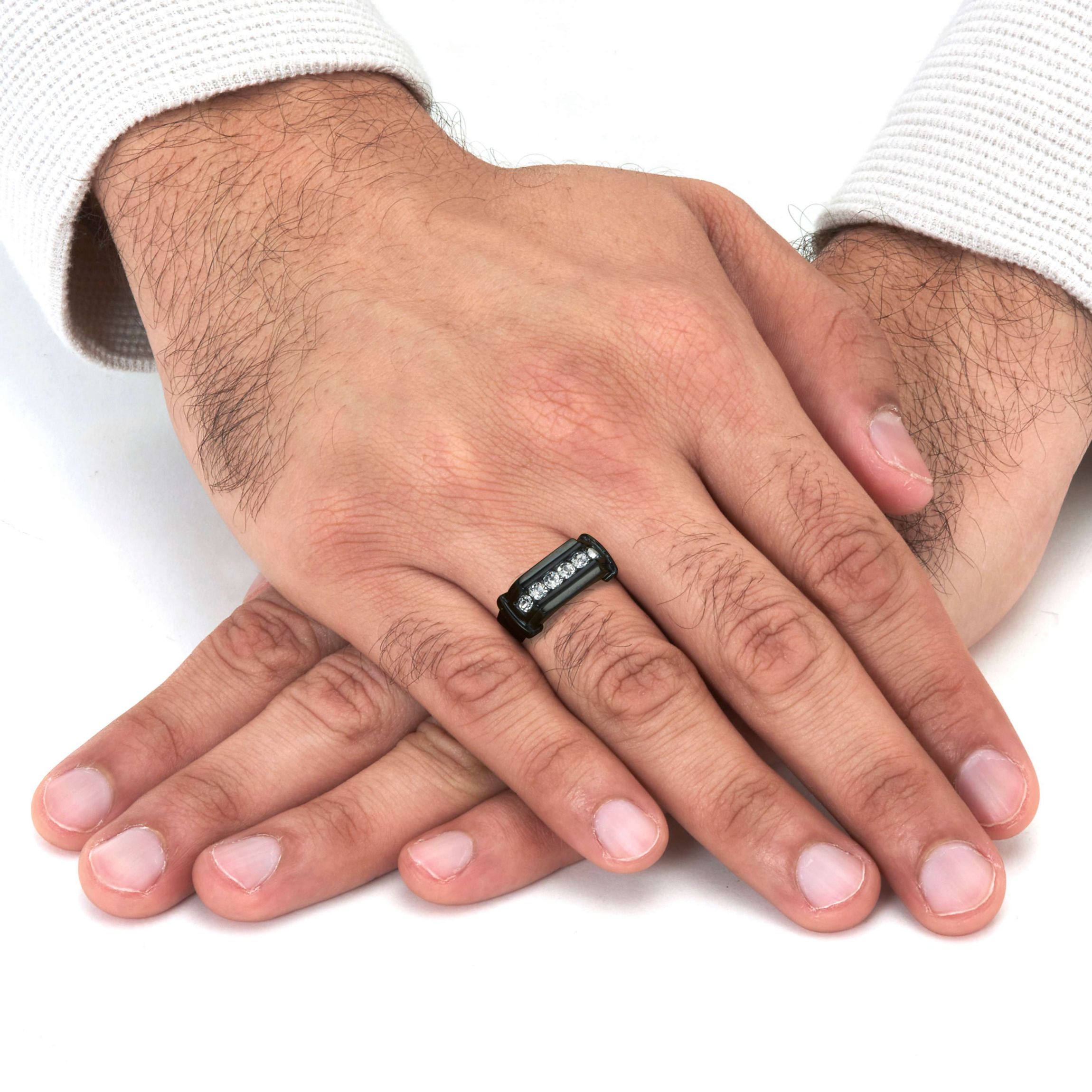 Mens Round Crystal Black Ion-Plated Stainless Steel Ring