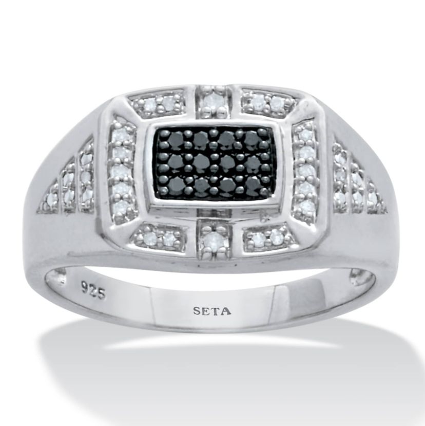 Mens .2 TCW Platinum Over Sterling Silver Black and White Diamond Square Ring