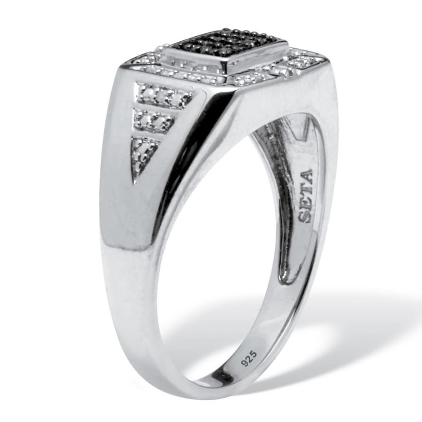 Mens .2 TCW Platinum Over Sterling Silver Black and White Diamond Square Ring