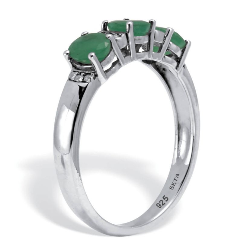 .75 TCW Oval Cut Genuine Green Emerald and White Topaz Sterling Silver Ring