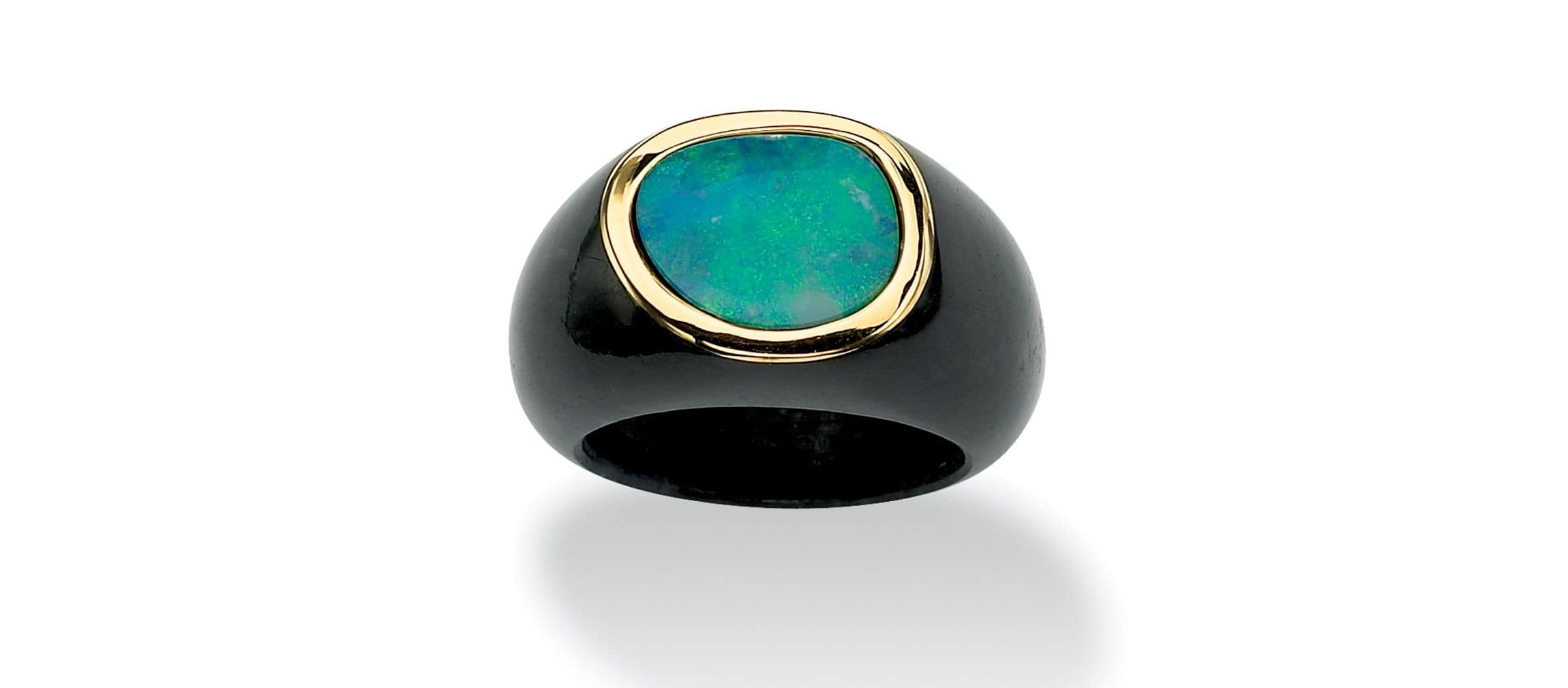 Genuine Blue Opal and Black Jade 10k Yellow Gold Bezel-Set Cabochon Ring