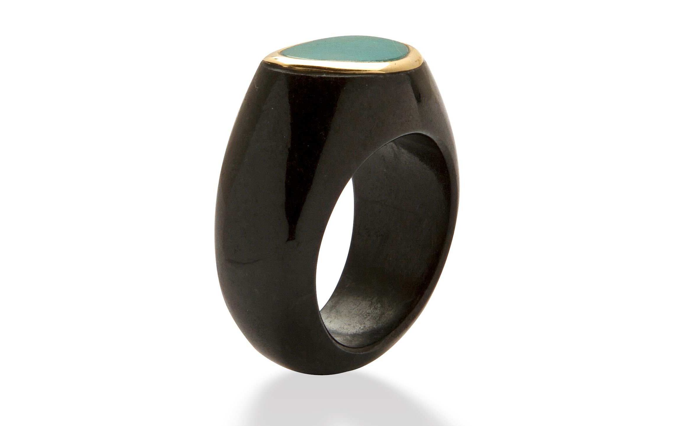 Genuine Blue Opal and Black Jade 10k Yellow Gold Bezel-Set Cabochon Ring
