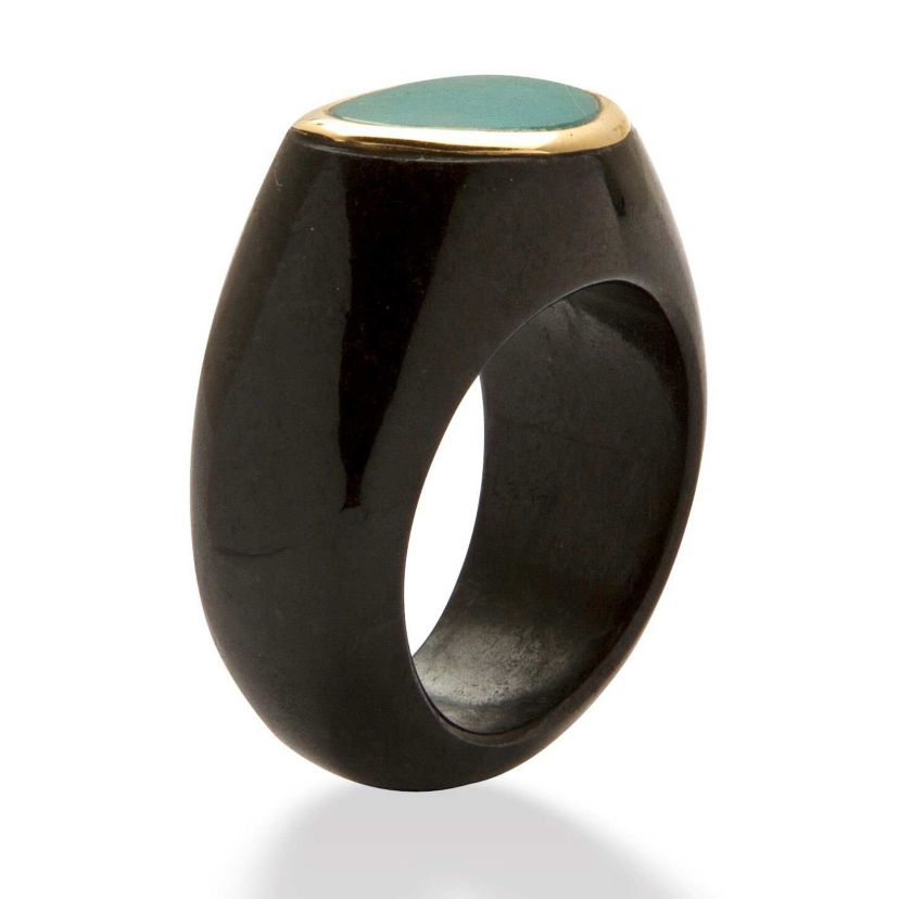 Genuine Blue Opal and Black Jade 10k Yellow Gold Bezel-Set Cabochon Ring