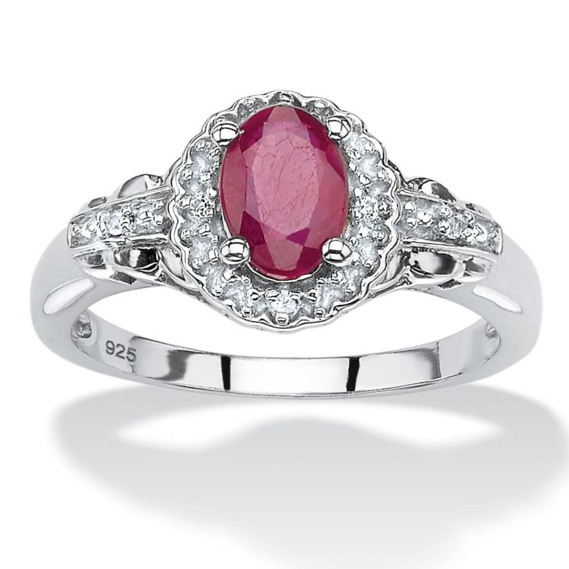 1.18 TCW Oval Genuine Ruby and Topaz Halo Ring in .925 Sterling Silver