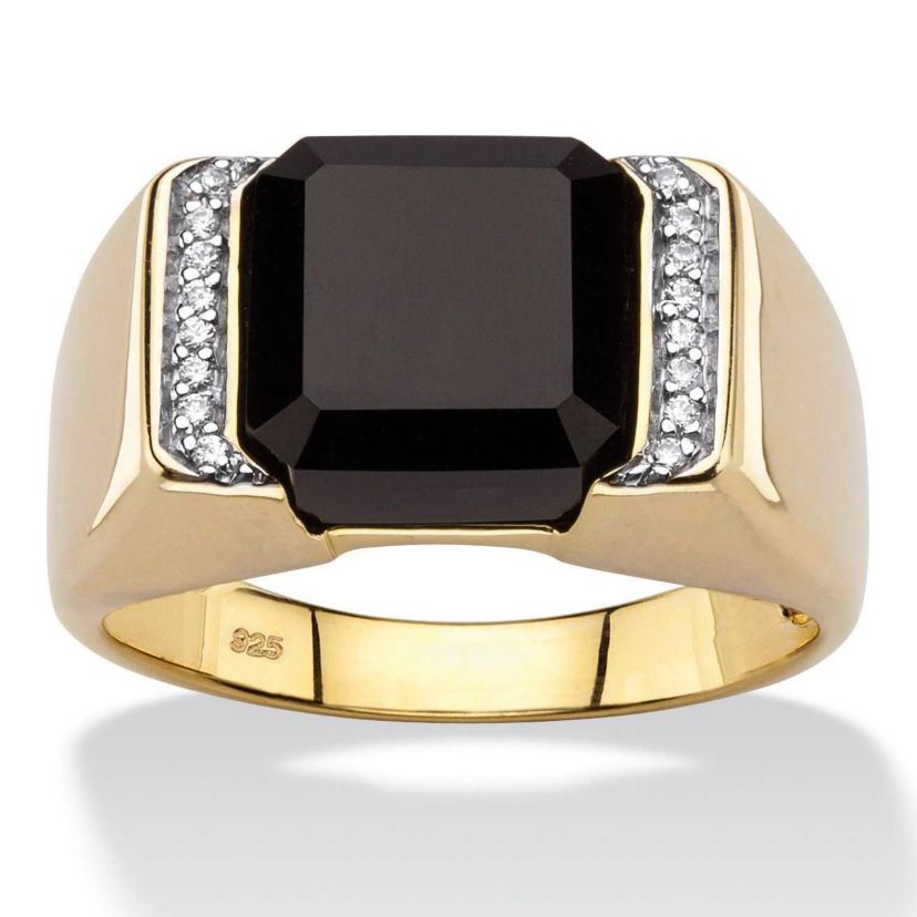 Mens Genuine Black Onyx and CZ Accent 18k Gold-plated Silver Square Ring