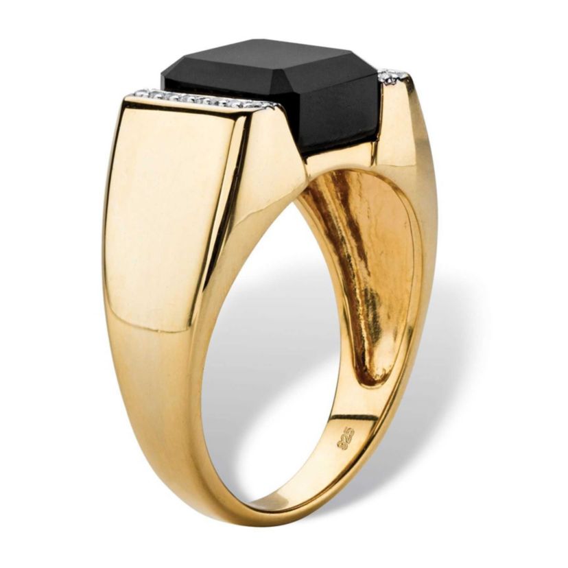 Mens Genuine Black Onyx and CZ Accent 18k Gold-plated Silver Square Ring