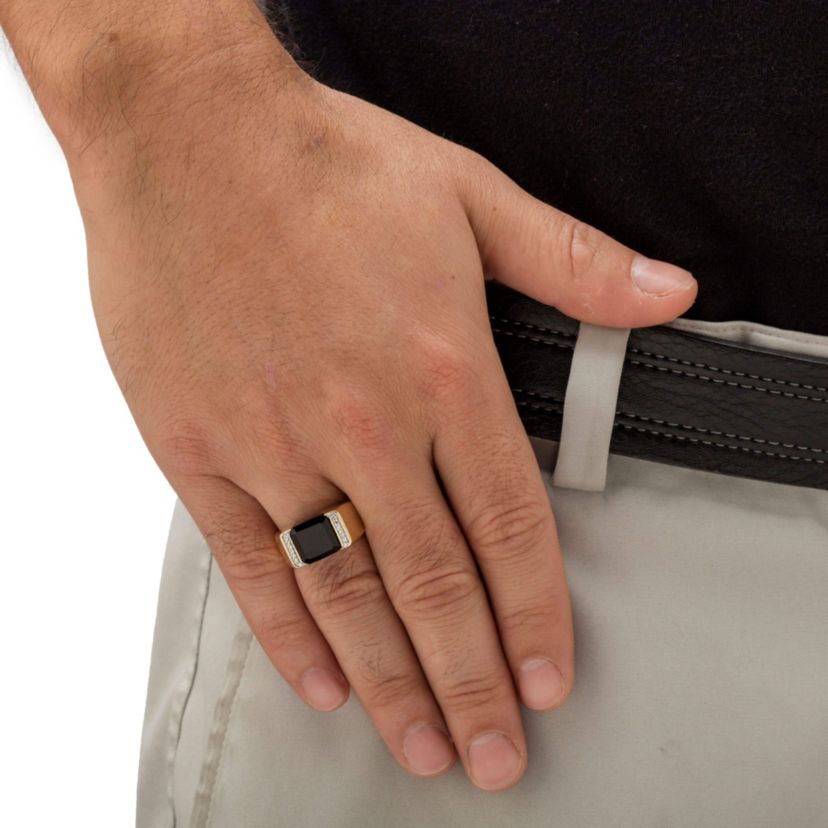 Mens Genuine Black Onyx and CZ Accent 18k Gold-plated Silver Square Ring