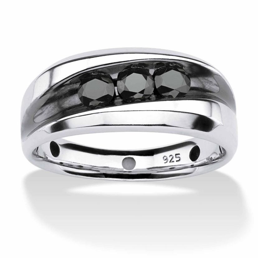 Mens 3/4 TCW Channel-Set Black Diamond Ring in Platinum-plated Sterling Silver