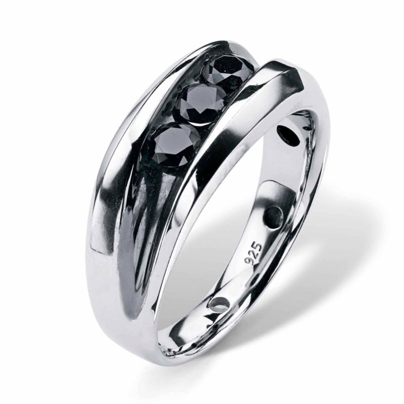 Mens 3/4 TCW Channel-Set Black Diamond Ring in Platinum-plated Sterling Silver