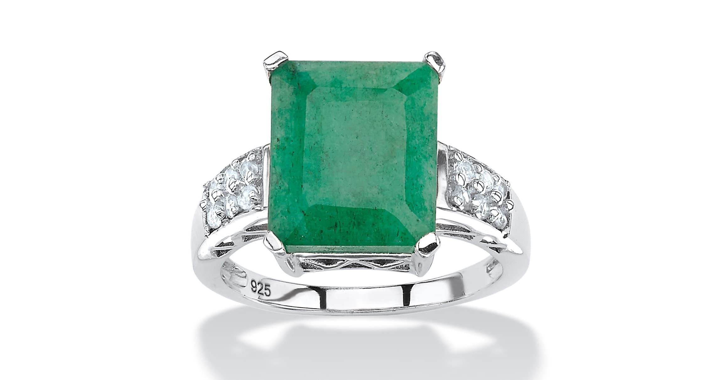 5.65 TCW Emerald-Cut Genuine Emerald & White Topaz Ring in .925 Sterling Silver