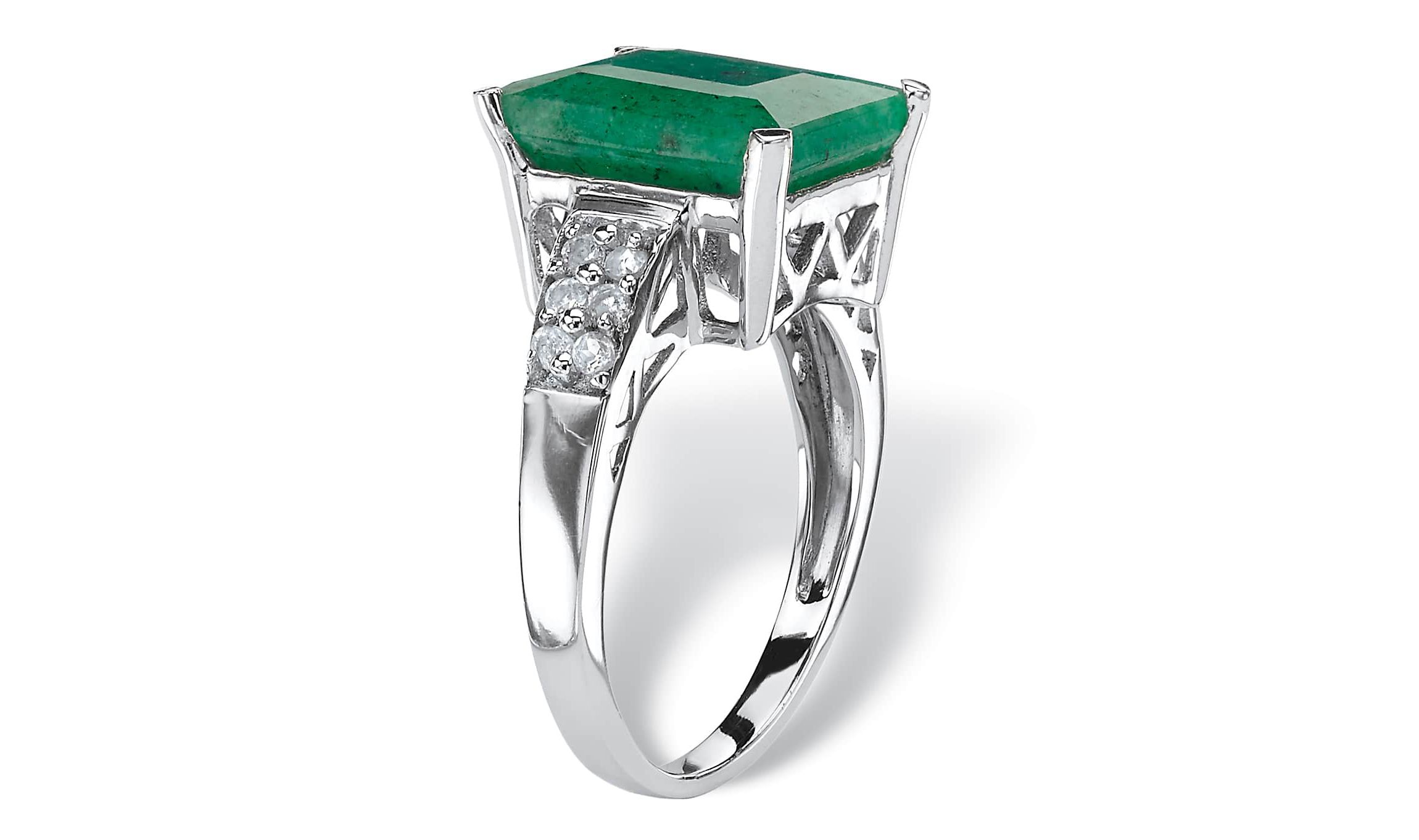 5.65 TCW Emerald-Cut Genuine Emerald & White Topaz Ring in .925 Sterling Silver