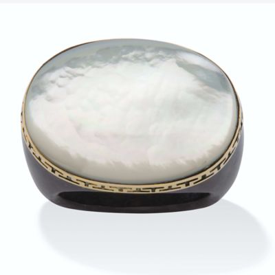 Seta Jewelry Oval-Shaped Mother-Of-Pearl and Black Jade 14k Gold Greek Key Ring, White, 10