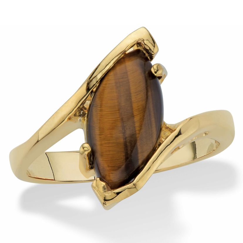 Marquise-Shaped Genuine Tigers-Eye Yellow Gold-Plated Cocktail Ring