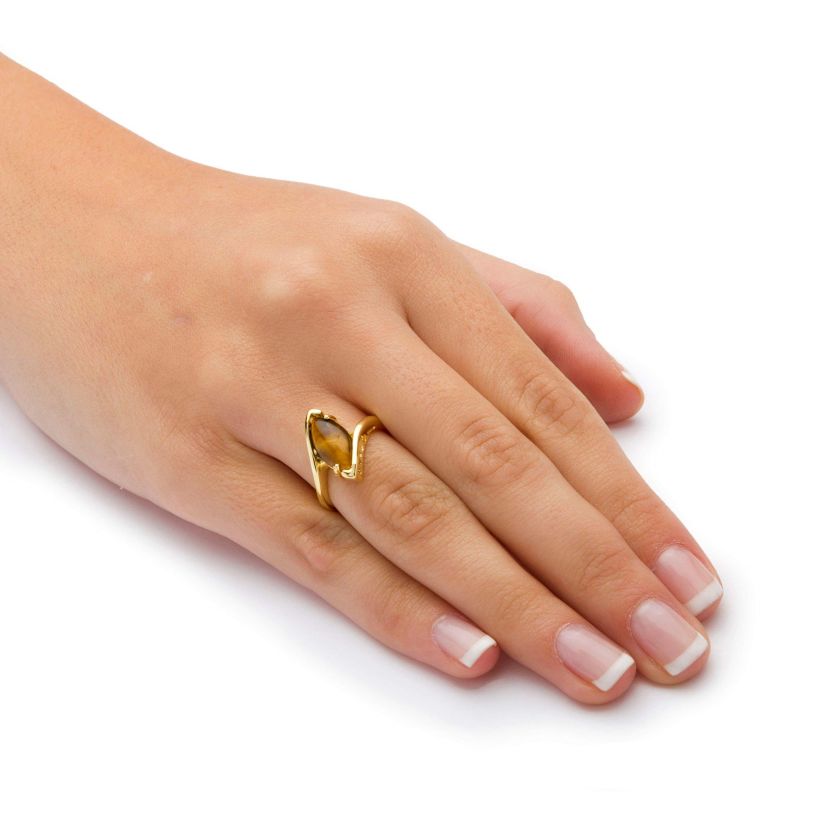 Marquise-Shaped Genuine Tigers-Eye Yellow Gold-Plated Cocktail Ring