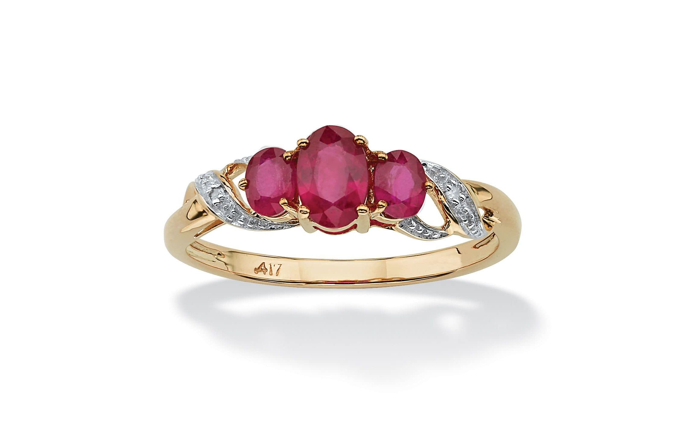 1 TCW Oval-Cut Ruby and Diamond Accent Three Stone Ring in 10k Gold