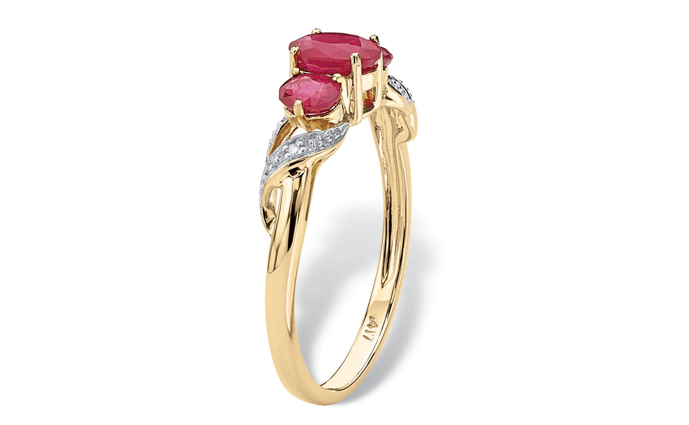 1 TCW Oval-Cut Ruby and Diamond Accent Three Stone Ring in 10k Gold