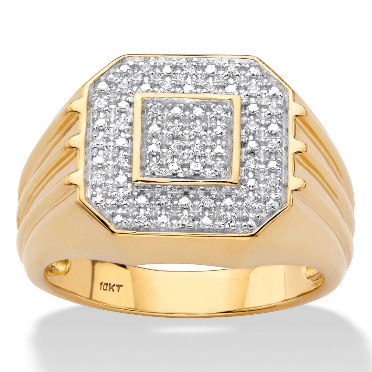 Mens 1/10 Cttw. Round Solid 10k Yellow Gold Diamond Ribbed Octagon Ring