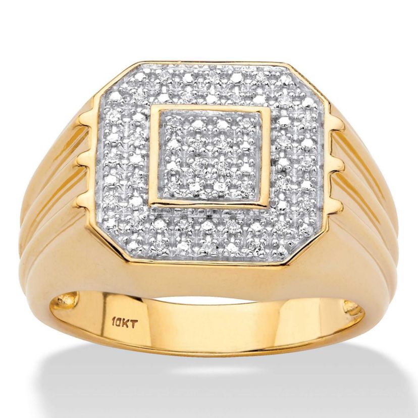 Mens 1/10 Cttw. Round Solid 10k Yellow Gold Diamond Ribbed Octagon Ring